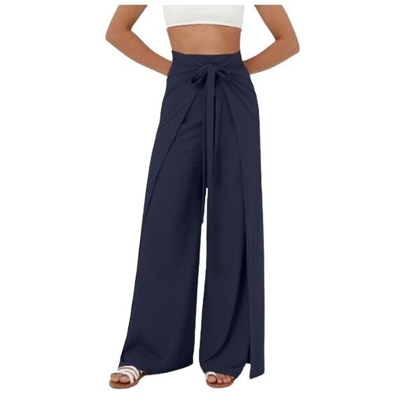 Reset By Jane High Waisted Tie Front Waterfall Overlapping Wrap Pants Black - Picture 1 of 14